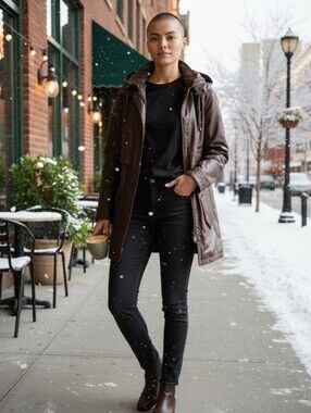 New Age Size S Women's Brown Leather Drawstring Lined Jacket
